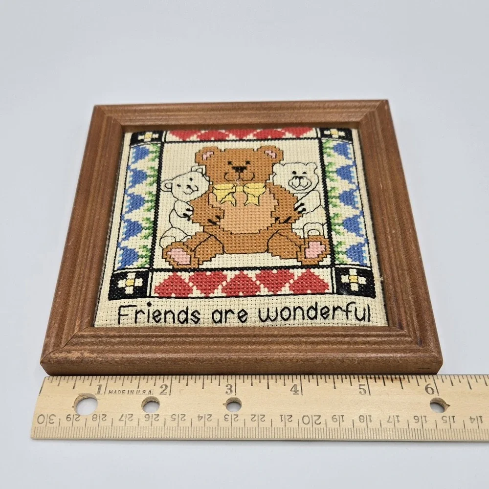 Vintage Framed Cross Stitch Teddy Bears Friends Are Wonderful‎ Wood Frame Art